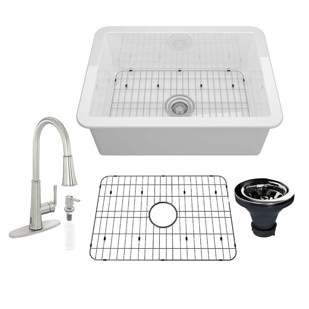 CASAINC All-in-One Undermount Single Bowl Fireclay Kitchen Sink with Pull Down Sprayer Kitchen Faucet, Bottom Grid, and Strainer