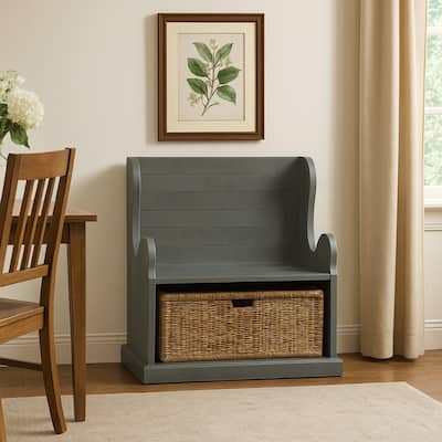 Eulie Hall Foyer Bench Seat w Rattan Basket, Rustic Blue Mahogany Wood
