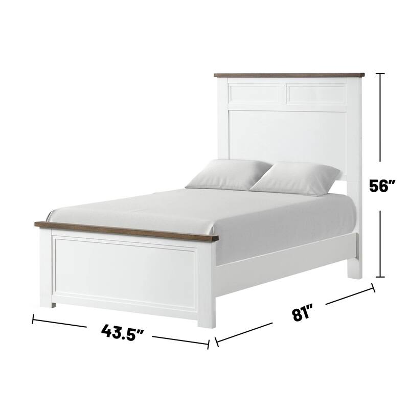 Wooden Twin-Size Bed with Recessed Panels in White and Dark Brown
