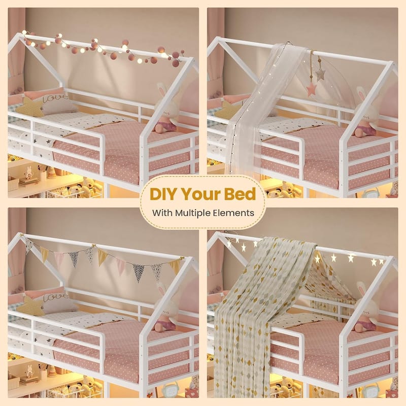 House Low Loft Bed Twin Size 5 Storage Drawers Bookcase LED Lights