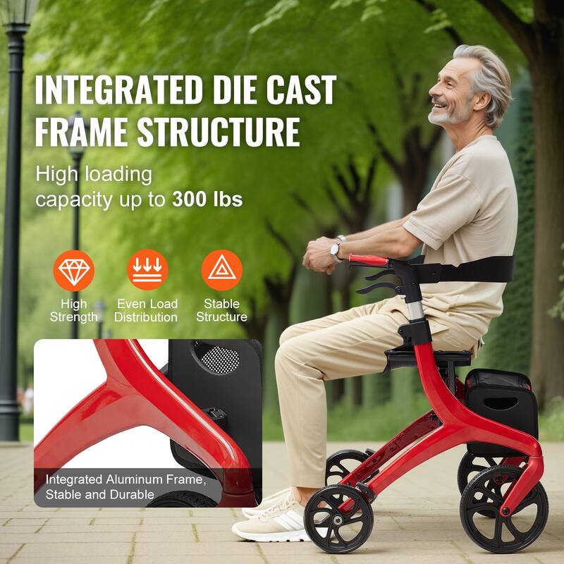 Folding Rollator Walker for Seniors and Adults, Lightweight Aluminum Rolling Walker with Seat and Adjustable Handle