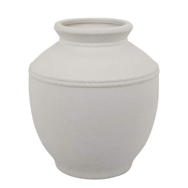 Samie Round Accent Vase, Rope-Like Details, White Ceramic 12 Inch