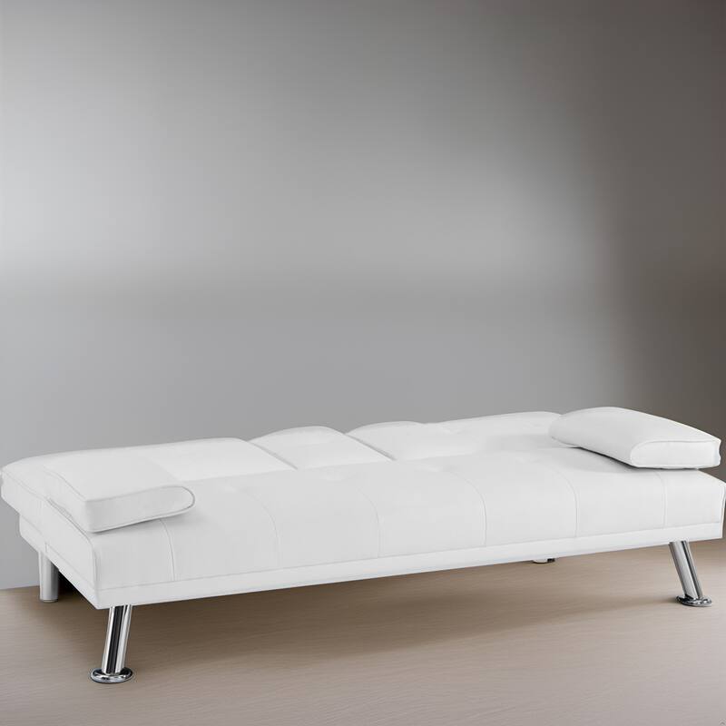 Convertible Futon Sofa Bed with Armrests & Cupholders - Faux Leather Reclining Couch for Small Spaces