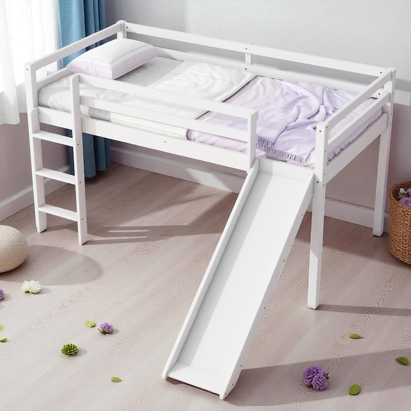 Twin Low Loft Bed with Slide and Ladder, Solid Rubber Wood Loft Bed with Guardrails and Underbed Play or Storage Space