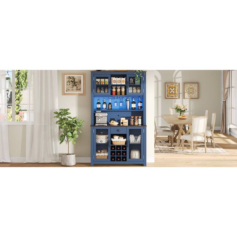 Kitchen Pantry Cabinet with LED Light, Built-in Power & USB Outlets, Kitchen Hutch Cabinet with Doors, Wine Rack & Shelves