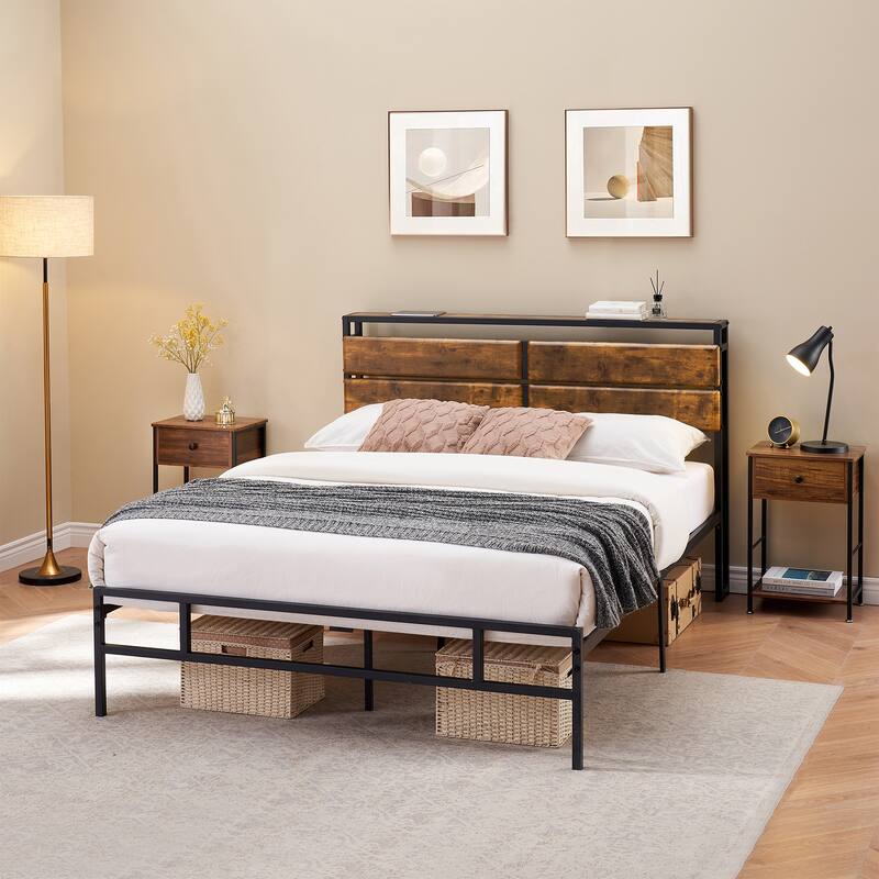 Metal Queen Size Platform Bed Frame with Storage Bedside