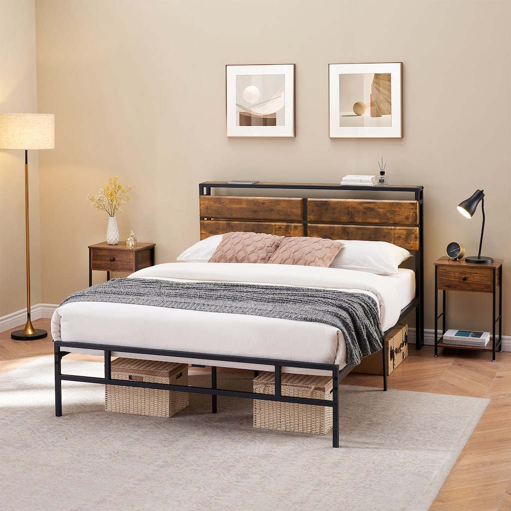 Metal Queen Size Platform Bed Frame with Storage Bedside