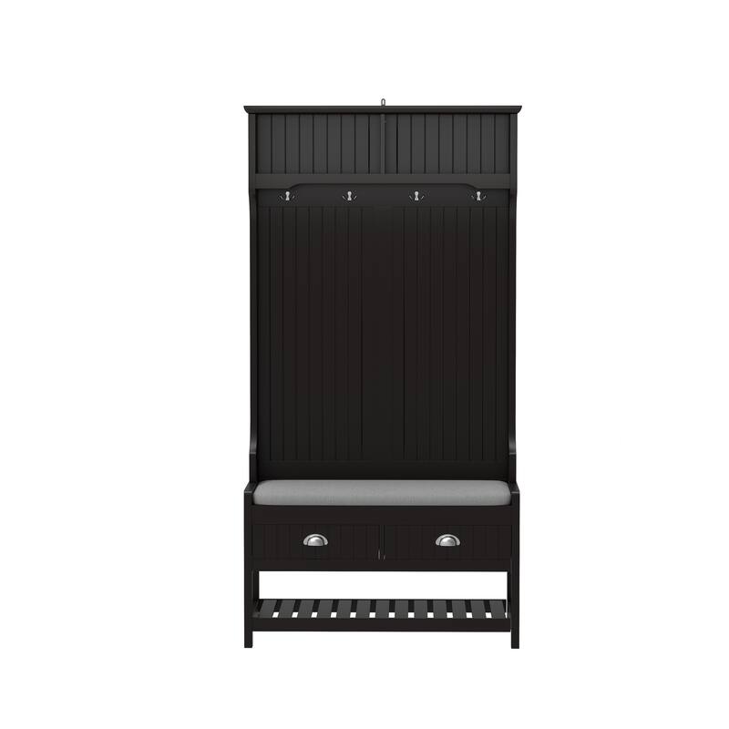 3-in-1 Hallway Hall Tree with 2 Storage Drawer and 4 Coat Rack,Shoe Rack Bench with Padded Seat Cushion,with Top Storage Shelf