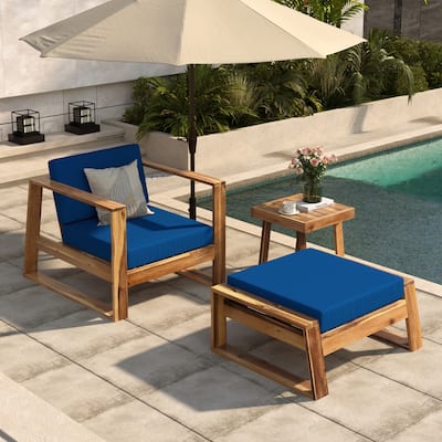 Outdoor Acacia Wood Lounge Set Includes Accent Chair, Ottoman and Side Table, 3-Piece Patio Sofa Chair Set for Garden Balcony