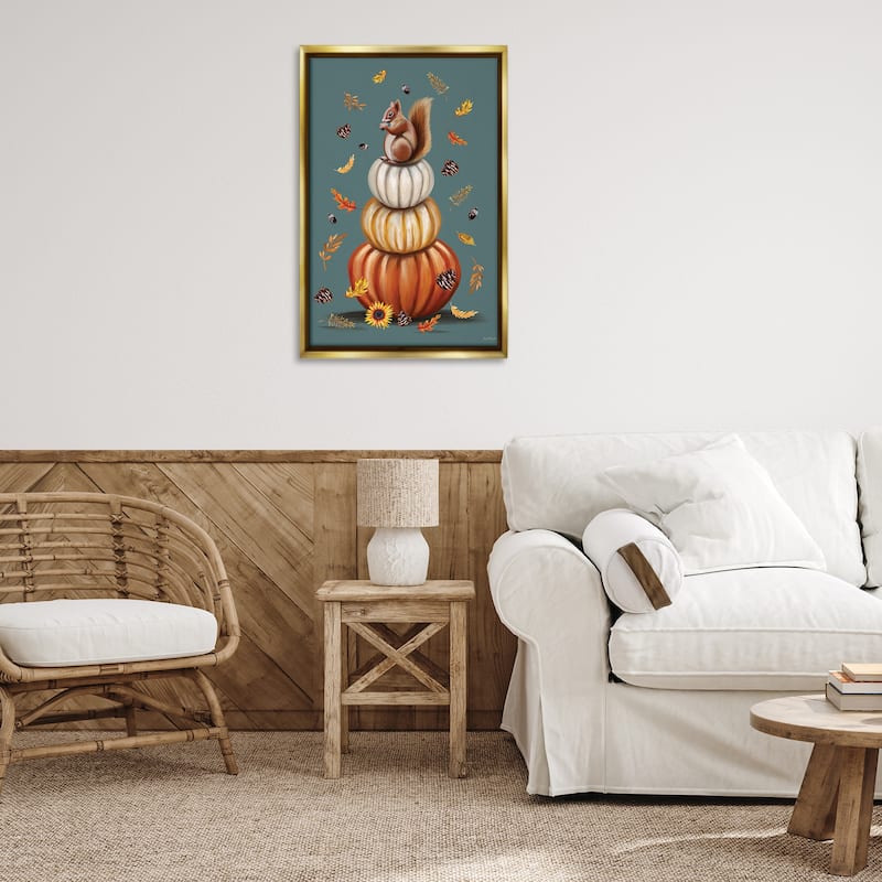 Stupell Squirrel Atop Pumpkin Stack Framed Floater Canvas Wall Art Design By Elizabeth Tyndall