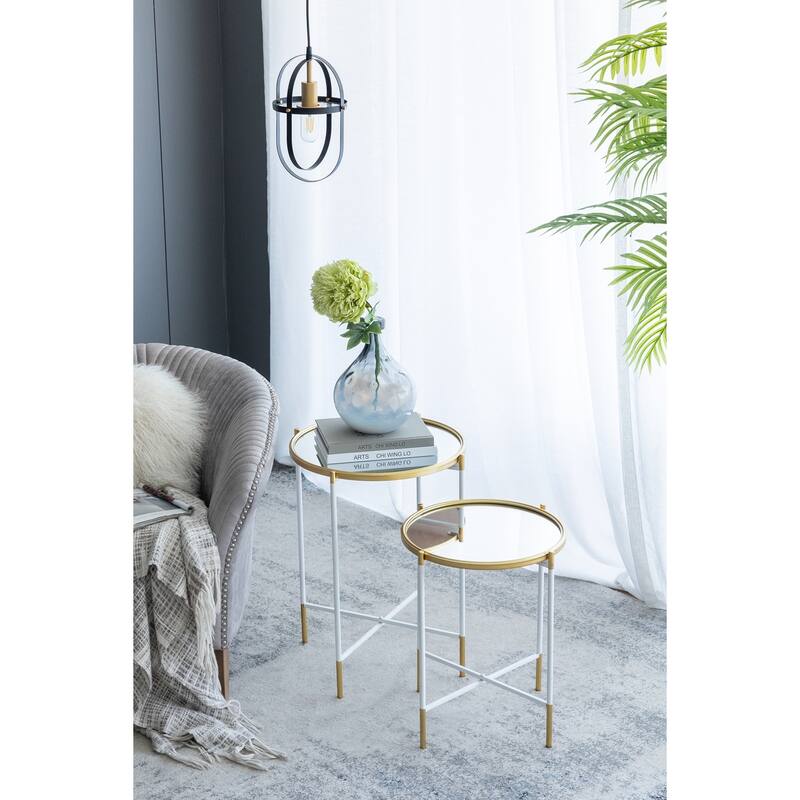 Nesting Side Tables Set of 2 with Glass Tops and Metal Frame