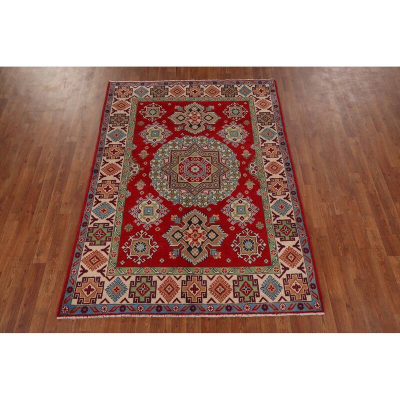 Traditional Red Kazak Area Rug Hand-Knotted Wool Carpet - 5'0" x 6'9"