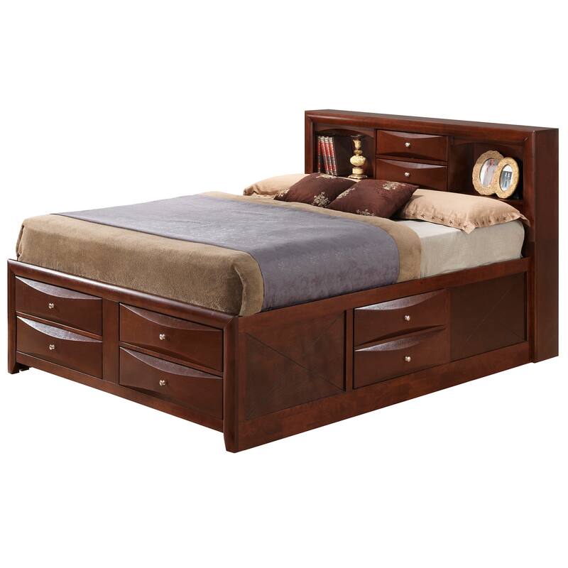 King Panel Bed with Bookcase - Storage Bed, Wood Veneers, Dovetail Drawers & Open Shelves