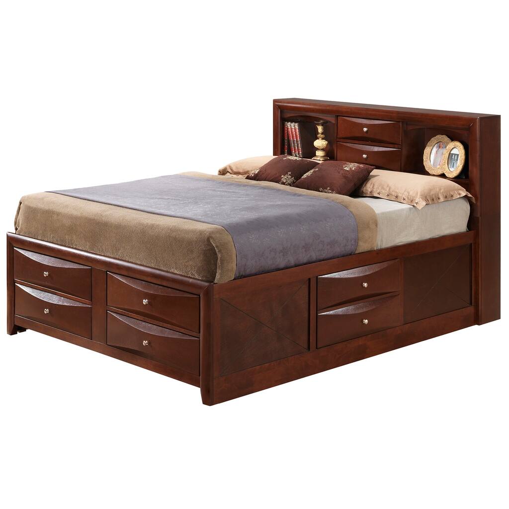 King Panel Bed with Bookcase - Storage Bed, Wood Veneers, Dovetail Drawers & Open Shelves
