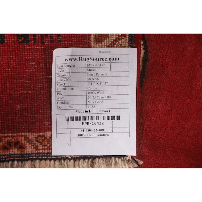 Tribal Red Shiraz Persian Vintage Square Rug Handmade Wool Carpet - 1'11" x 1'11"