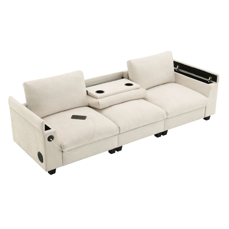 Chenille Cloud Sofa with Cup Holders, USB Port & Bluetooth Speaker, Convertible Loveseat with Drop Down Table & Storage Armrest