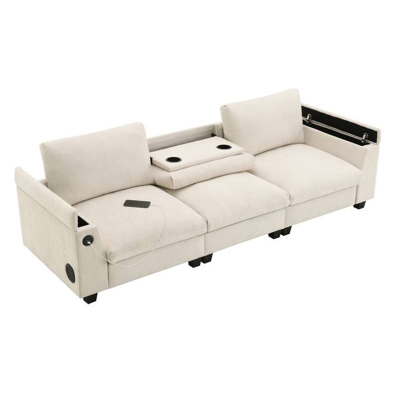 Chenille Sectional Sofa With Bluetooth Speaker,Cloud Couch Set With Drop Down Table,Cup Holders,Usb Charger,Storage Armrest