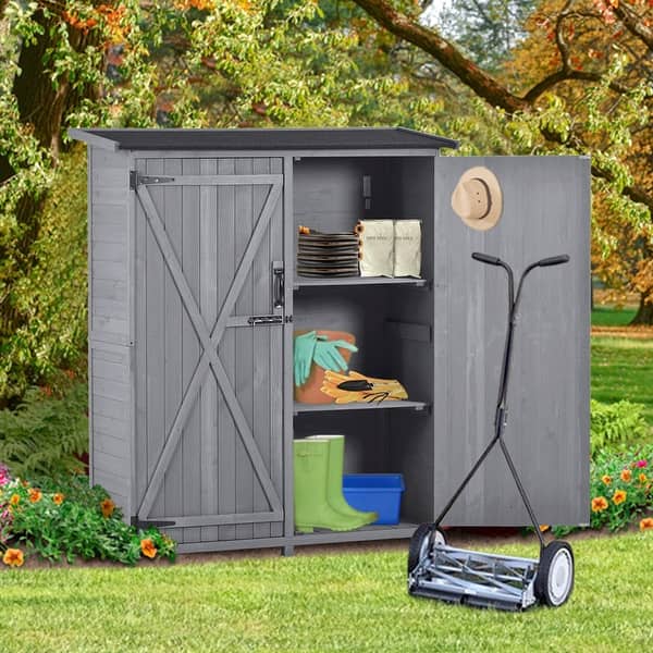 slide 1 of 16, Outdoor Storage Shed Tool Organizer with Lockable Doors,3-tier Shelves - 5.3ft Hx4.6ft L