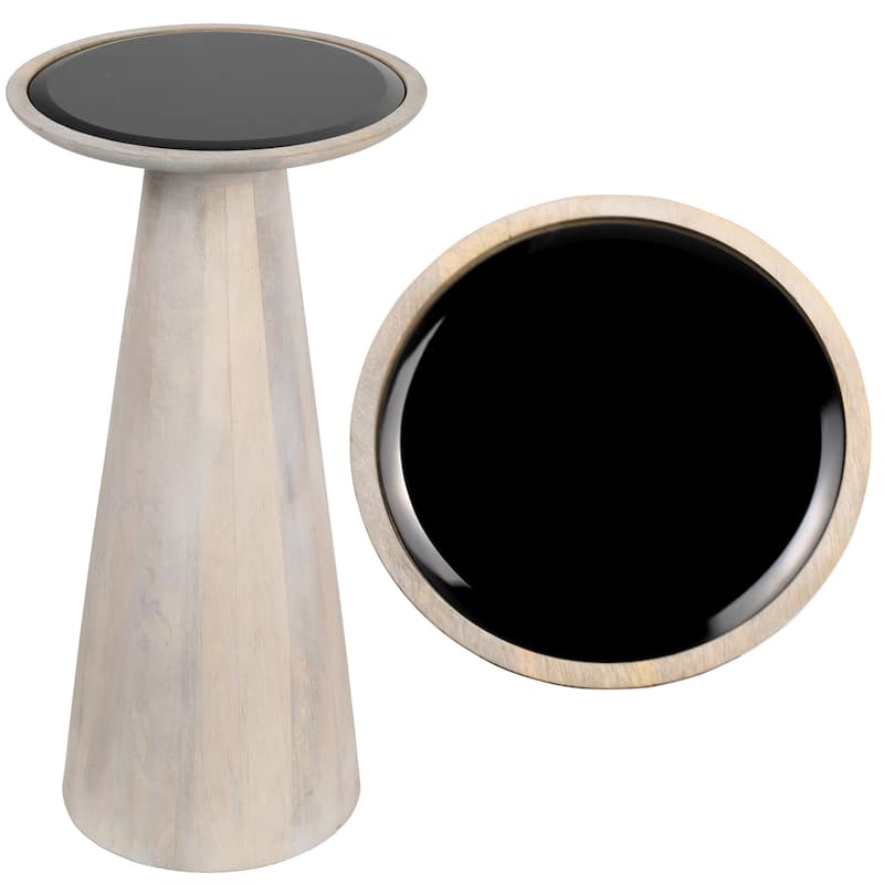Linden 21.5" Industrial Mango Wood Drink & End Table w/ Black Glass & Cone Base, By JONATHAN Y - Ash
