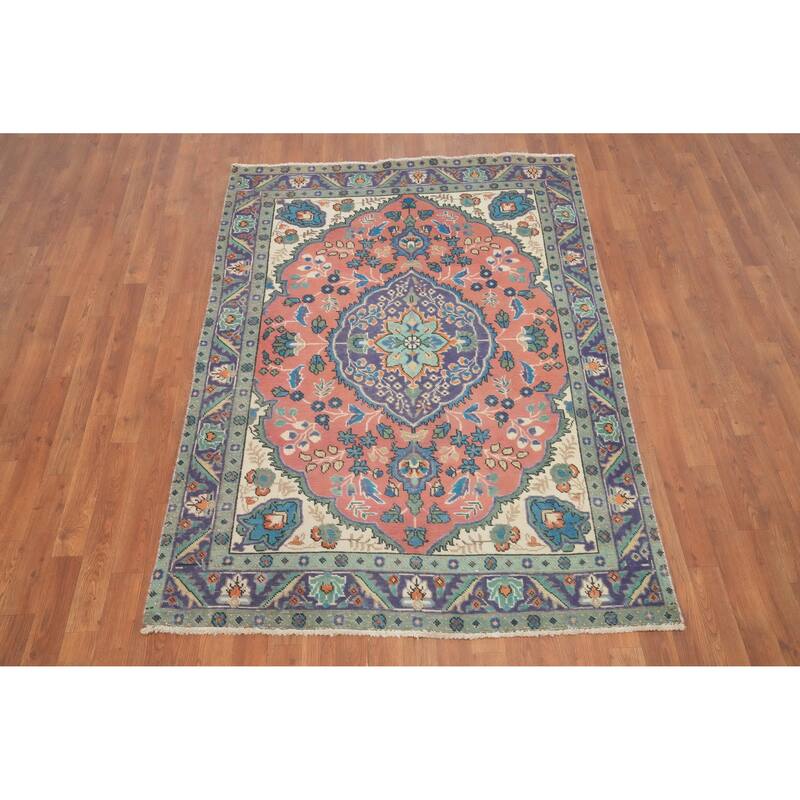 Hand Knotted Oriental 100% Wool Carpet Traditional Floral Pink Tabriz Area Rug - 6' 1'' X 4' 5''