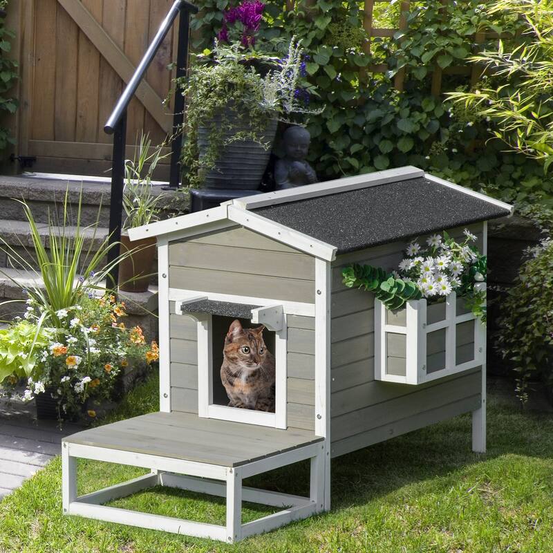 PawHut Wooden Cat House Outdoor with Door, Weatherproof 2-Floor Cat Shelter with Asphalt Roof, Balcony, Dark Gray