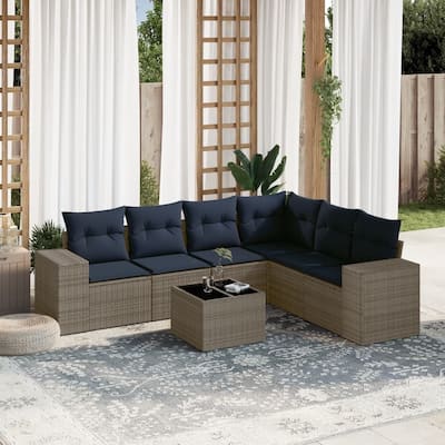 vidaXL 7 Piece Patio Sofa Set with Cushions Grey Poly Rattan - 24.4 x 24.4 x 27.2