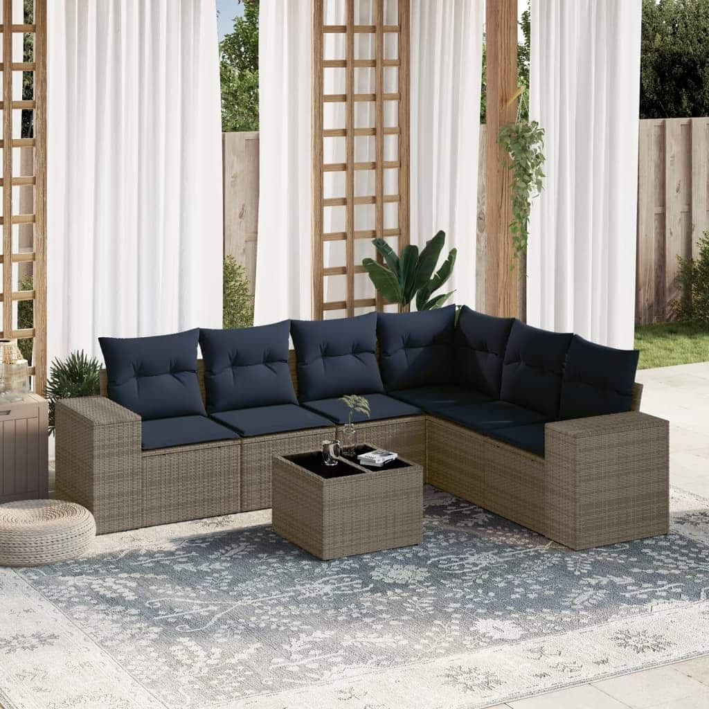 vidaXL 7 Piece Patio Sofa Set with Cushions Grey Poly Rattan - 24.4 x 24.4 x 27.2