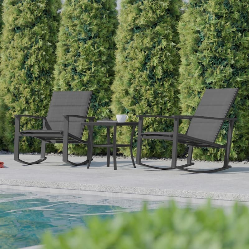 3 Piece All-Weather Rocking Chairs and Glass Top Table Bistro Set