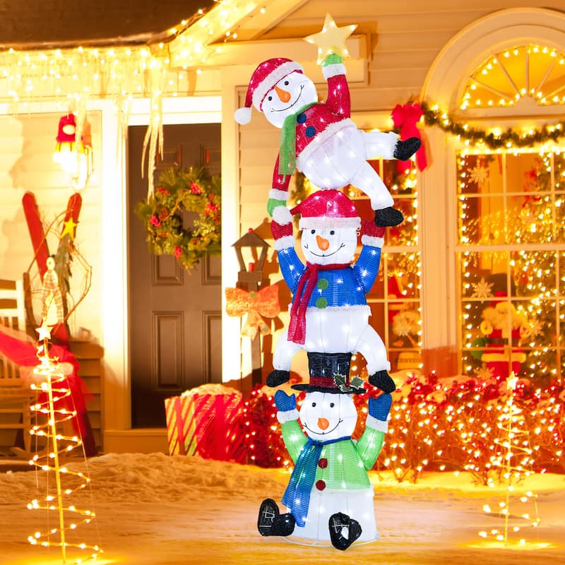 Gymax 6 ft 3D Pre-Lit Christmas Stacked Snowman w/ 155 LED Lights Zip - Multi - See Details