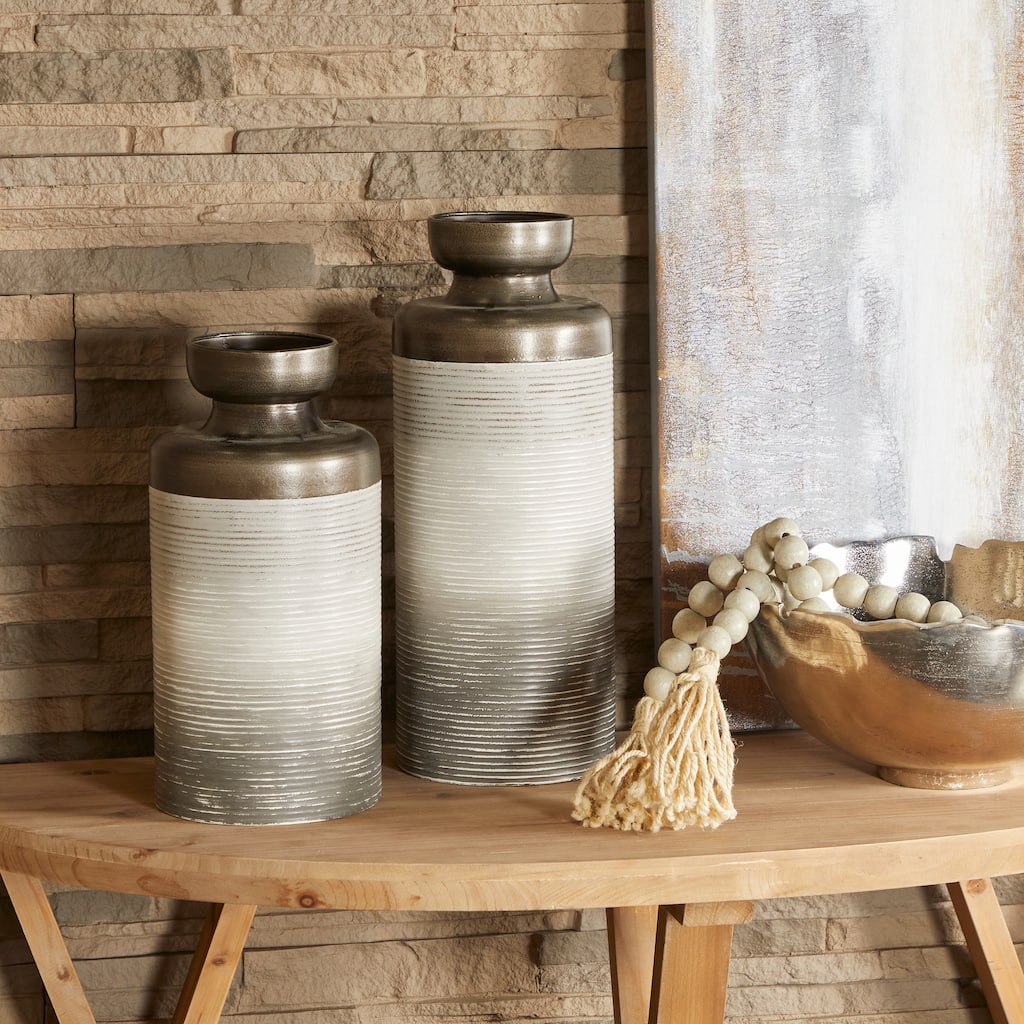 Bronze Metal Decorative Vase with Embossed Ribbing (Set of 2) - 16", 13"H