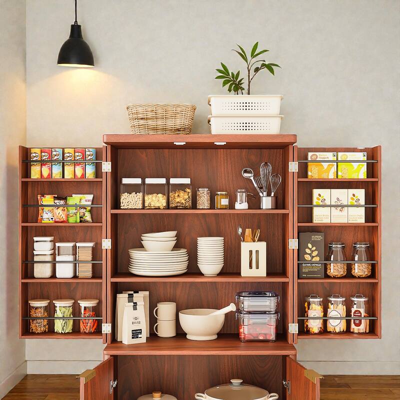 72" Tall Modern Fluted Wood Kitchen Pantry Cabinet with Doors, 6 Shelves & Door Storage for Kitchen or Dining Room