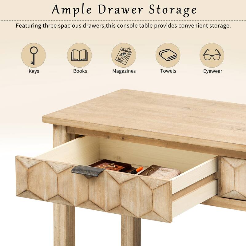 60" Fir Veneer Entryway Table with Honeycomb-patterned Fronts, 3 Drawers