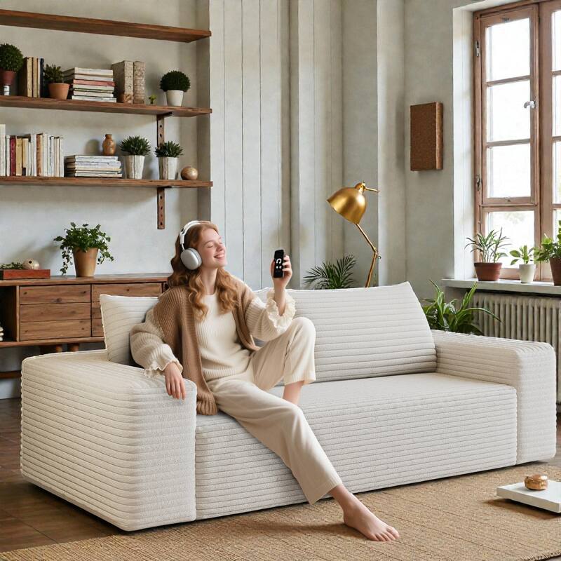 71" Corduroy 3-Seater Sofa, Deep Seat Comfy Couch with Wide Armrests, No-Assembly Soft Fabric Sofa for Living Room