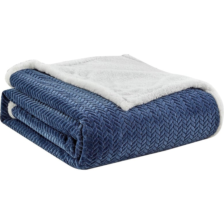 Décor&More HomeEssentials Extra Heavy and Plush Chevron Braided Queen Size Microplush Blanket with Sherpa Backing 90x90 - Navy