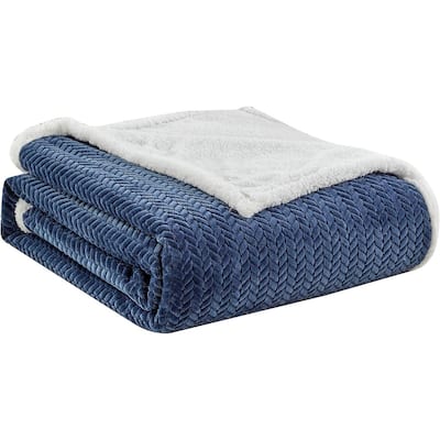 Décor&More HomeEssentials Extra Heavy and Plush Chevron Braided Queen Size Microplush Blanket with Sherpa Backing 90x90 - Navy