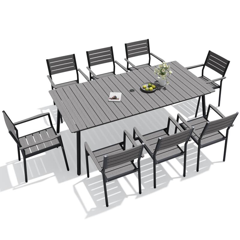 9-Piece Outdoor Patio Dining Set Wood-Like Table Top Alumium Umbrella Hole Table with Stackable Armrest Chairs