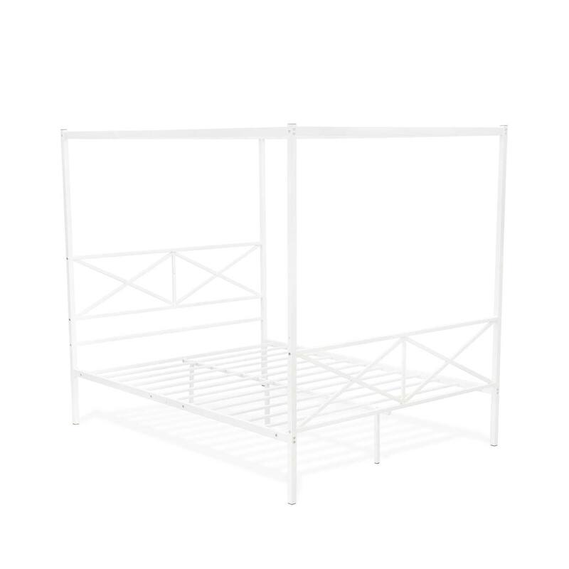Bohemian Bed Frame with Canopy - Metal Platform Bed - Modern Headboard & Footboard - White Finish