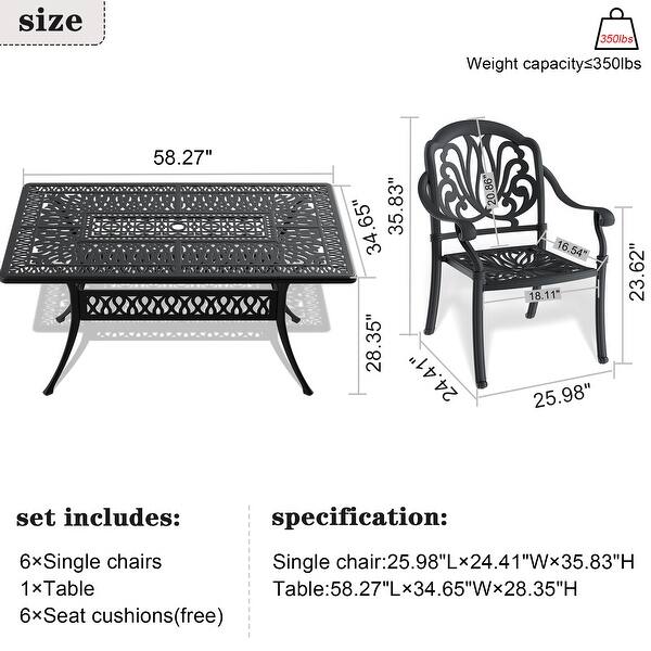 7 Piece Cast Aluminum Patio Furniture Set, Conversation Sets Dining Chair Set with Seat Cushions