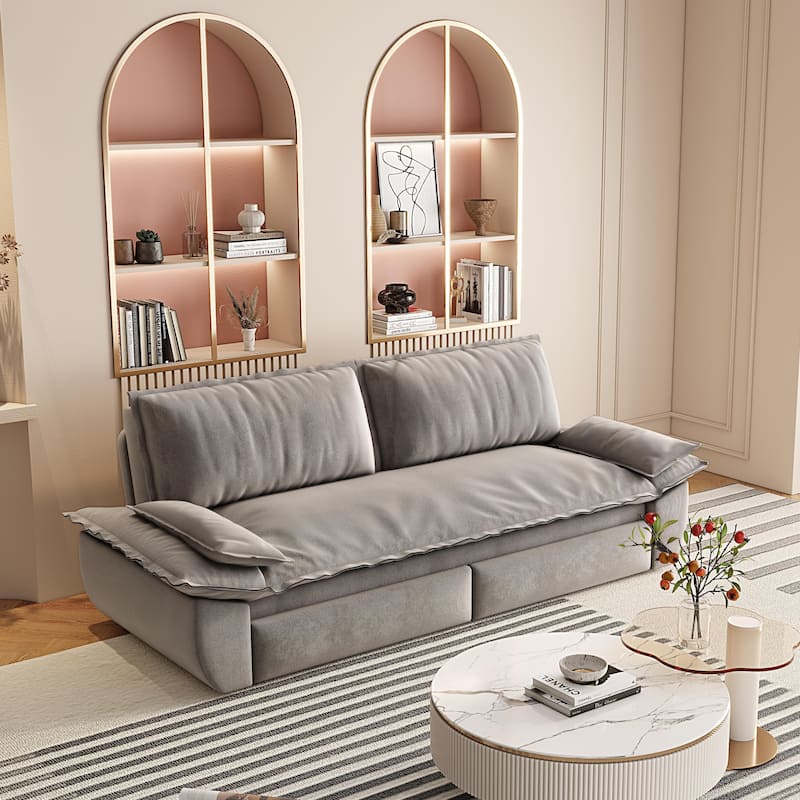 73.2" Queen Pull Out Sofa Bed, 3-in-1 Convertible Sleeper Sofa, Multi-Functional Velvet Loveseat Bed - Grey