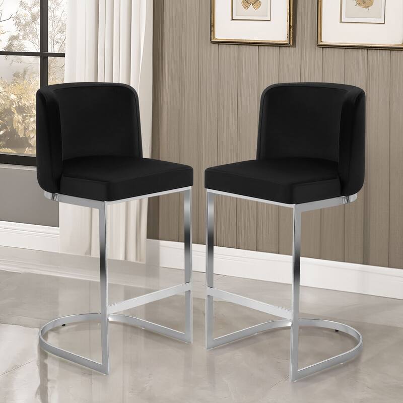 26" Upholstered Bar Stools, Counter Height Stools - 18.11"W x 19.69"D x 37.4"H - Set of 2 - Velvet Black