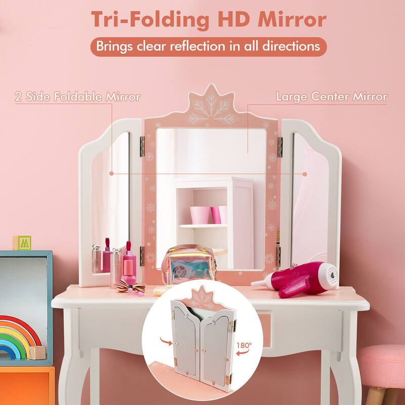 Gymax Kid Vanity Set Wooden Makeup Table Stool Tri-Folding Mirror