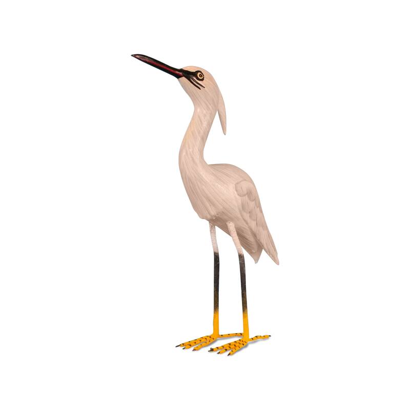 Wood Snowy Egret Heron Figurine - Hand Carved Coastal Bird Sculpture, Elegant Shore Decor - 11" tall x 7" wide x 2.2" deep