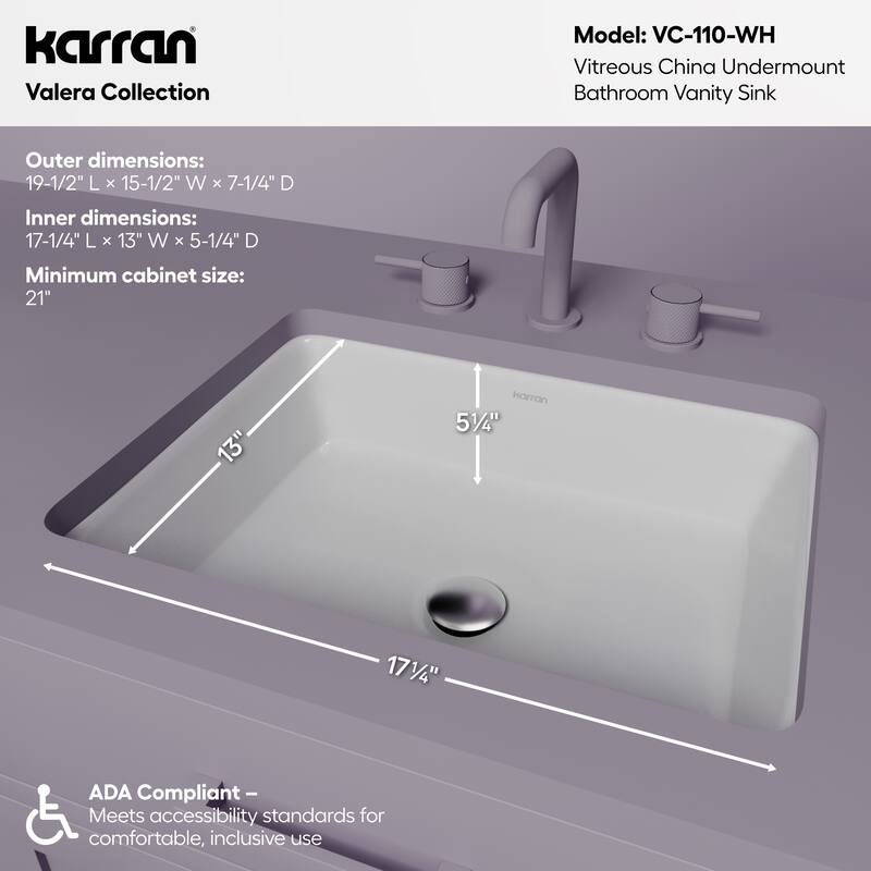 Karran 19-1/2" Undermount Vitreous China Bathroom Sink In White