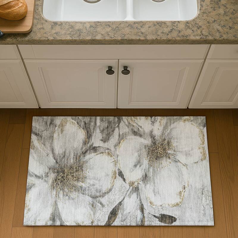 Premium Washable Super Soft Modern Floral Mayfield Rug - Silver - 1'8" x 2'6"