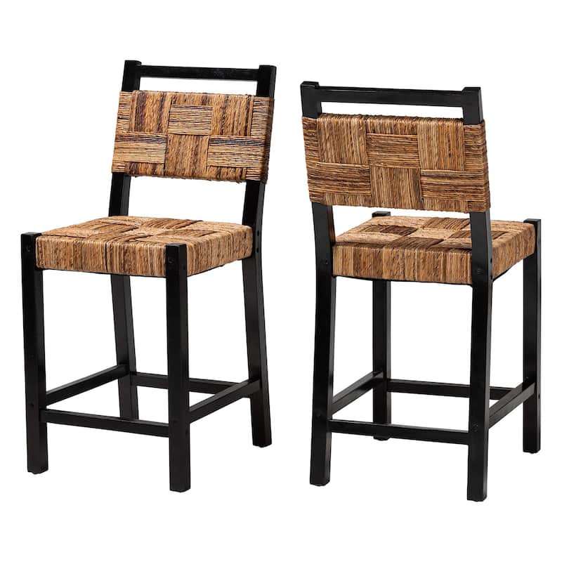 Raniya Seagrass Counter Stool - Solid Mango Wood Frame with Woven Seat and Backrest, Rustic Boho Style Dining Seating, Black - Natural Brown/Black