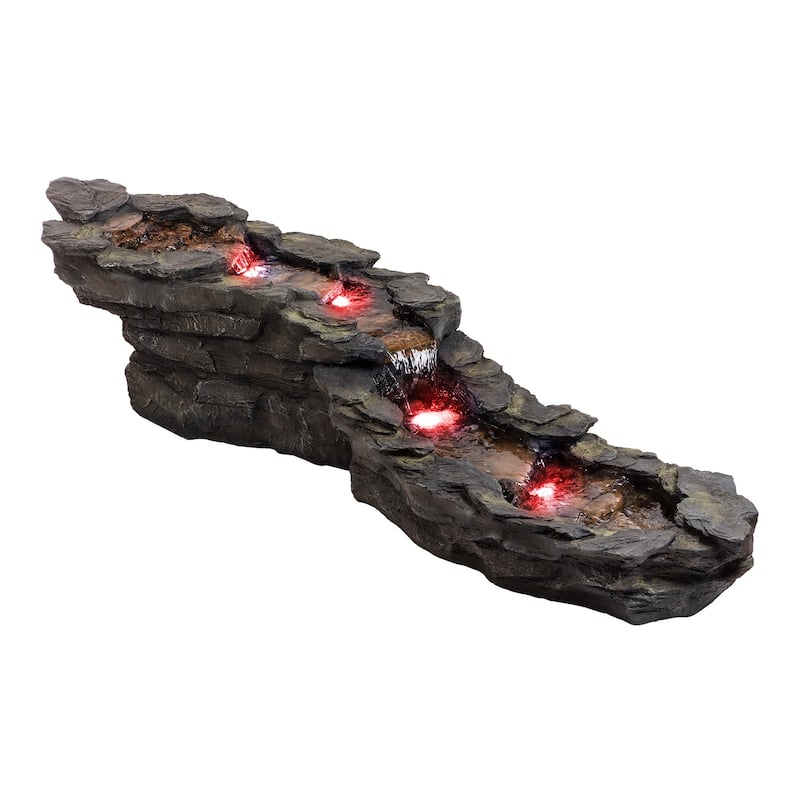 Alpine Corporation TZL240 76" Brown Outdoor Tiered Rocky River Stream Water Fountain with Color Changing LED Lights and Remote