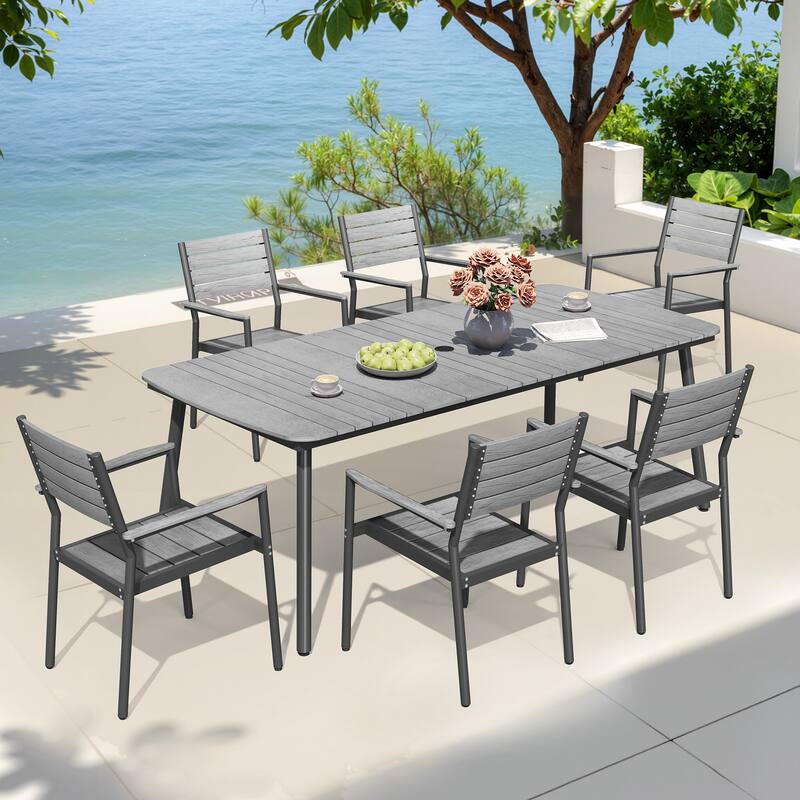 7-piece Patio Dining Set Outdoor Aluminum Rectangular Table with Umbrella Hole and Stackable Chairs - Grey
