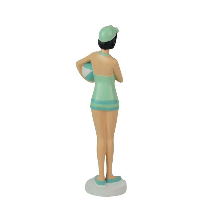 Brunette Bathing Beauty Figurine Hand-Painted Striped Swimsuit, - 13 X 4.25 X 3.5 inches