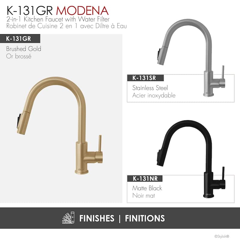 Modena Single Handle Brushed Gold Pull Down Kitchen Faucet with Reversible Osmosis