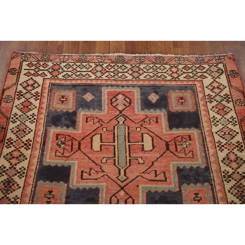Geometric Pink Ardebil Persian Vintage Runner Rug Handmade Wool Carpet - 3'9"x 10'0"